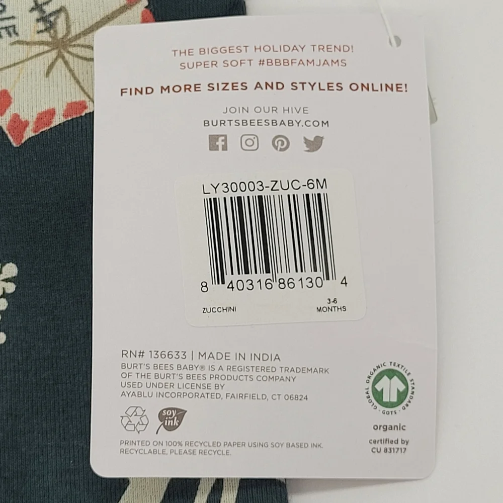 Burt's Bees Baby Footie Sleeper Dark Green White Letters To Santa 3-6mo NEW
